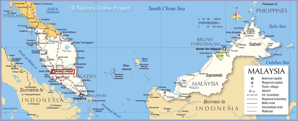 Kuala Lumpur (KL) no mapa da Malásia