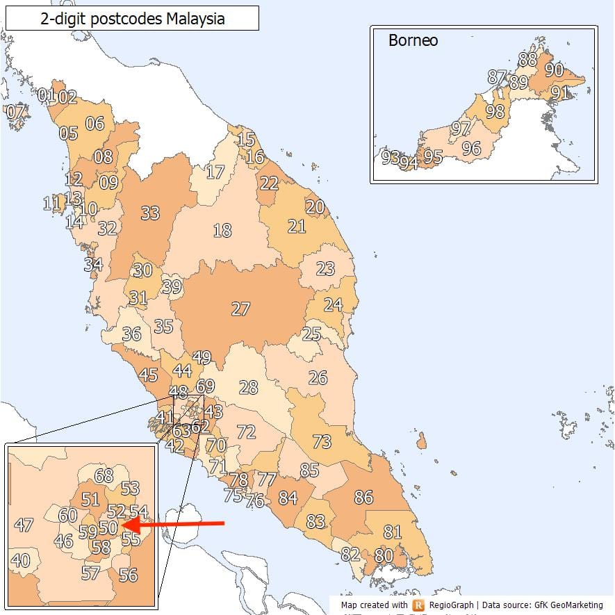 Mapa de códigos postais de Kuala Lumpur (KL)
