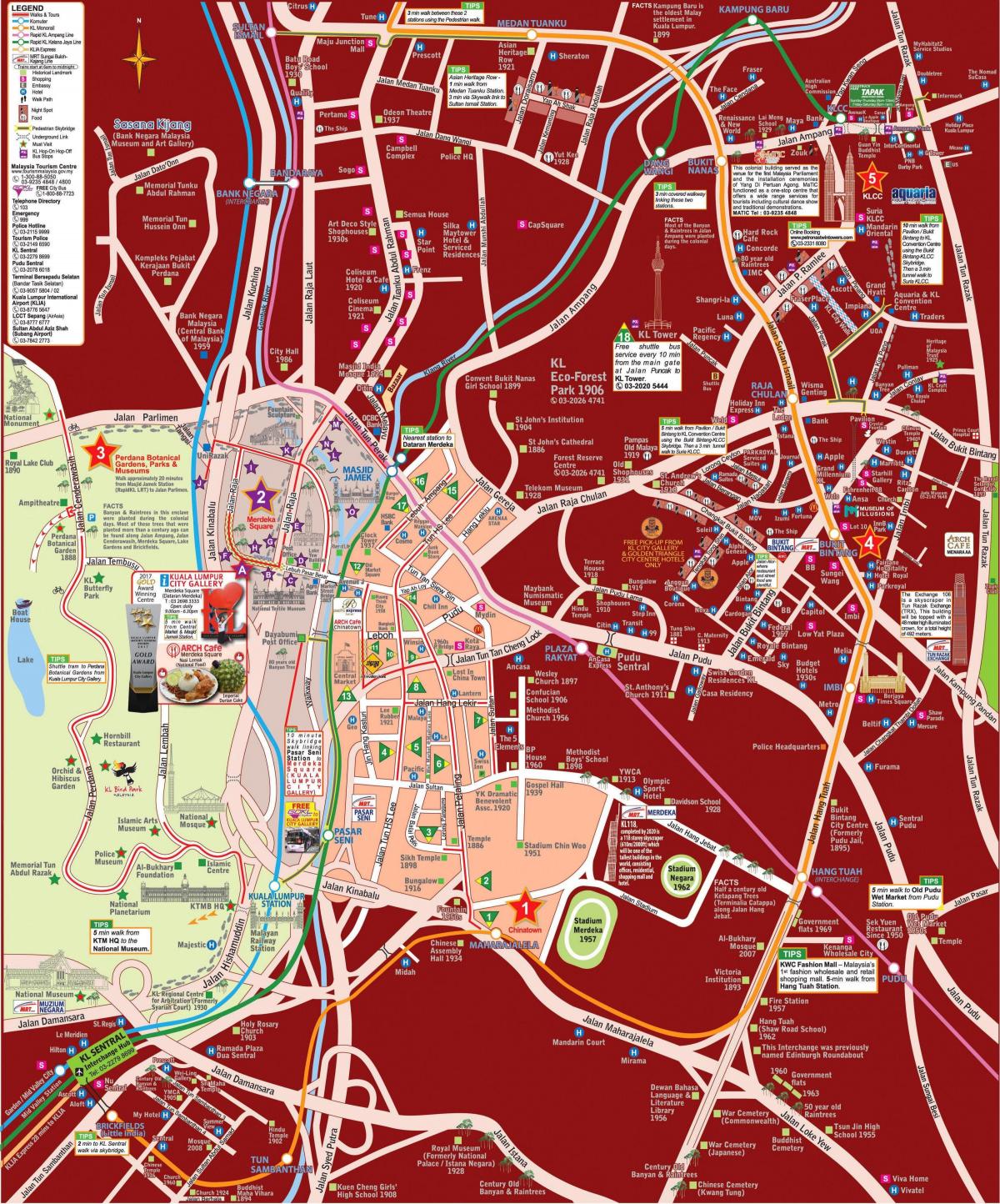 Mapa de passeios a pé de Kuala Lumpur (KL)